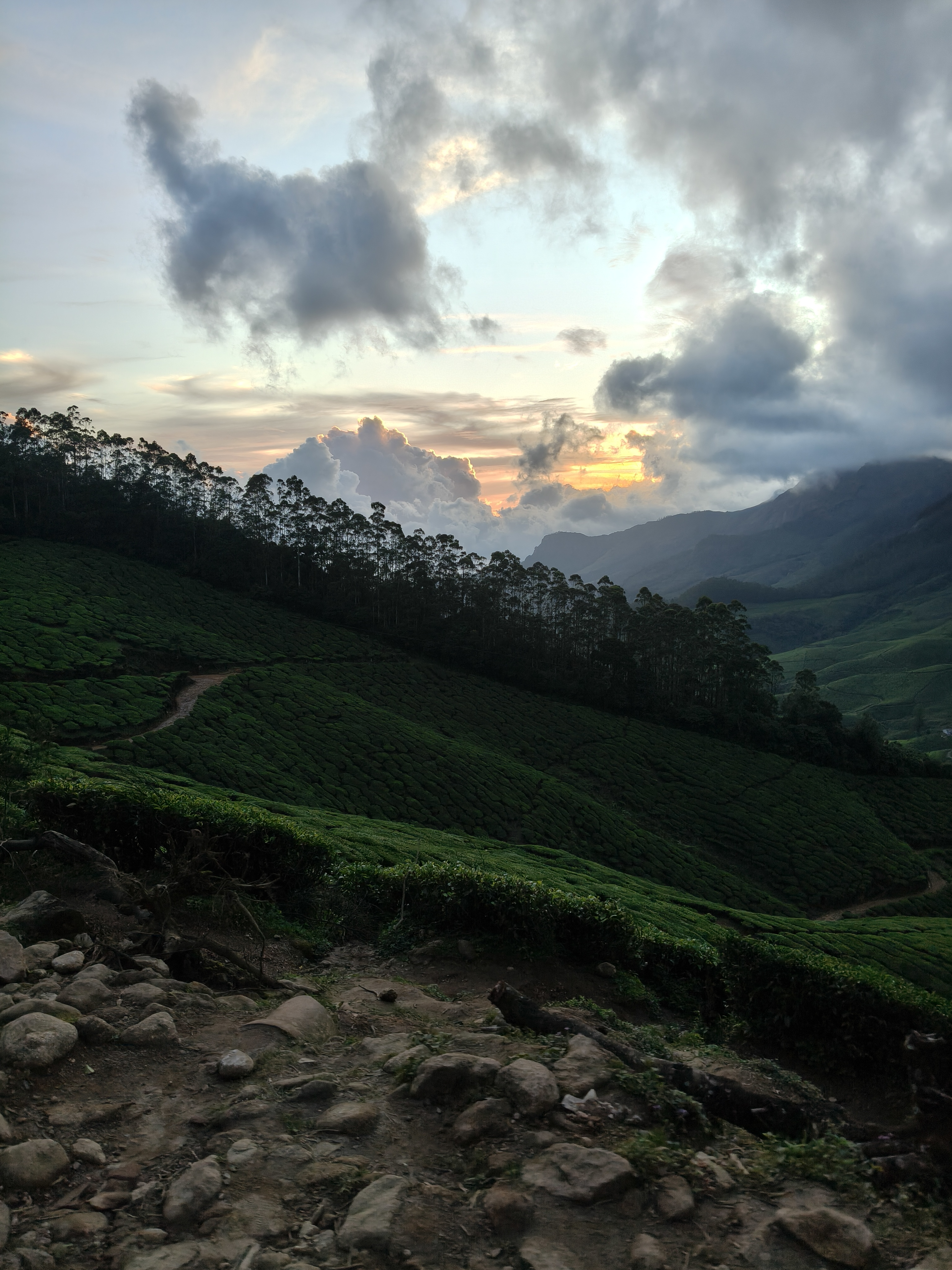 Kolukkumalai sunrise viewpoint with clouds floating between mountain valleys in Munnar